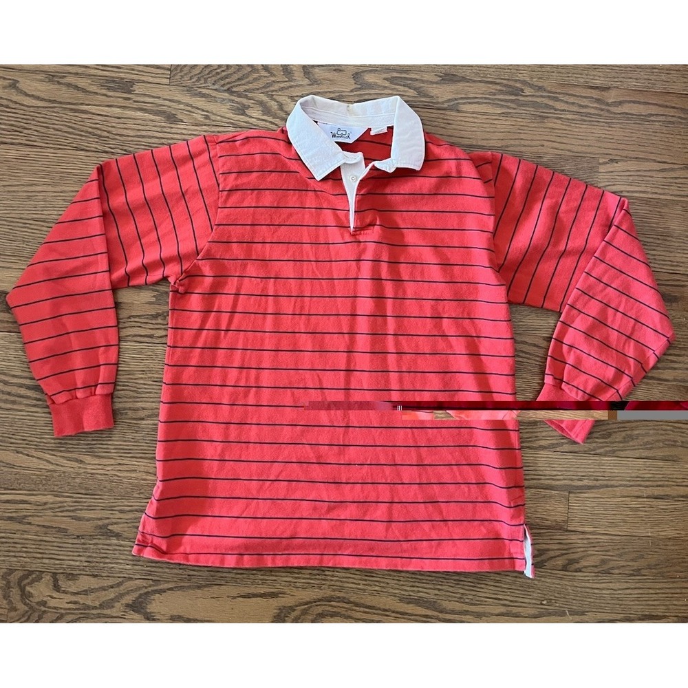 Vintage 80s 90s Woolrich Rugby Polo Striped Red‎ Shirt Size XL Fits Like A Large